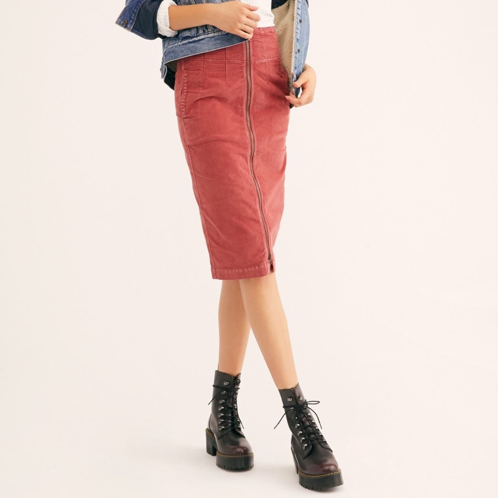 High Rise Corduroy front zip burnt Orange midi skirt fall sweaterweather outfit